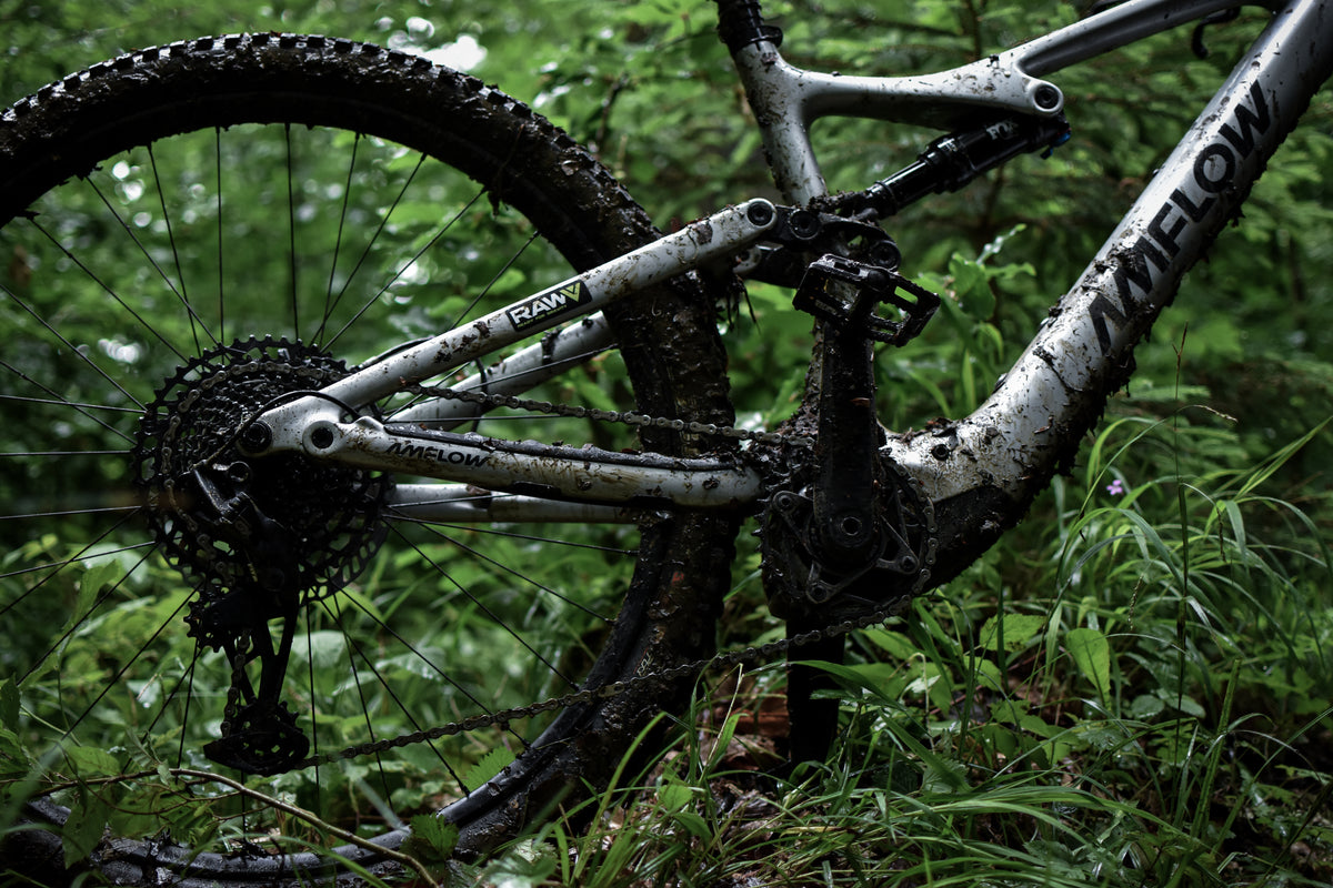 Schmutziger Antrieb eines Mountainbikes im Wald